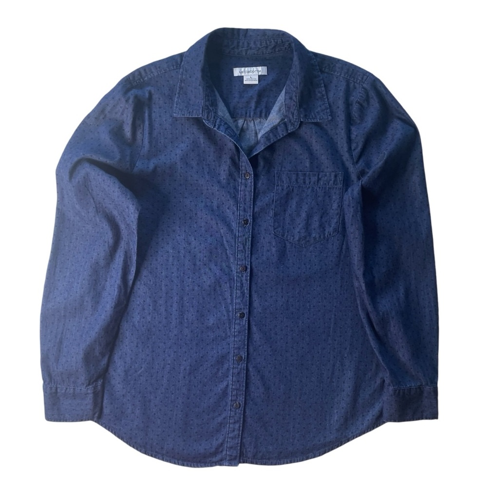 LIZ CLAIBORNE Navy Blue Cotton Blouse Shirt SZ L Casual Comfy Chambray Polka Dot - Picture 11 of 16